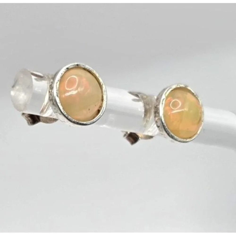 Natural Ethiopian Opal Stud Earrings Round 7.3 mm Sterling Silver 925 Handmade
